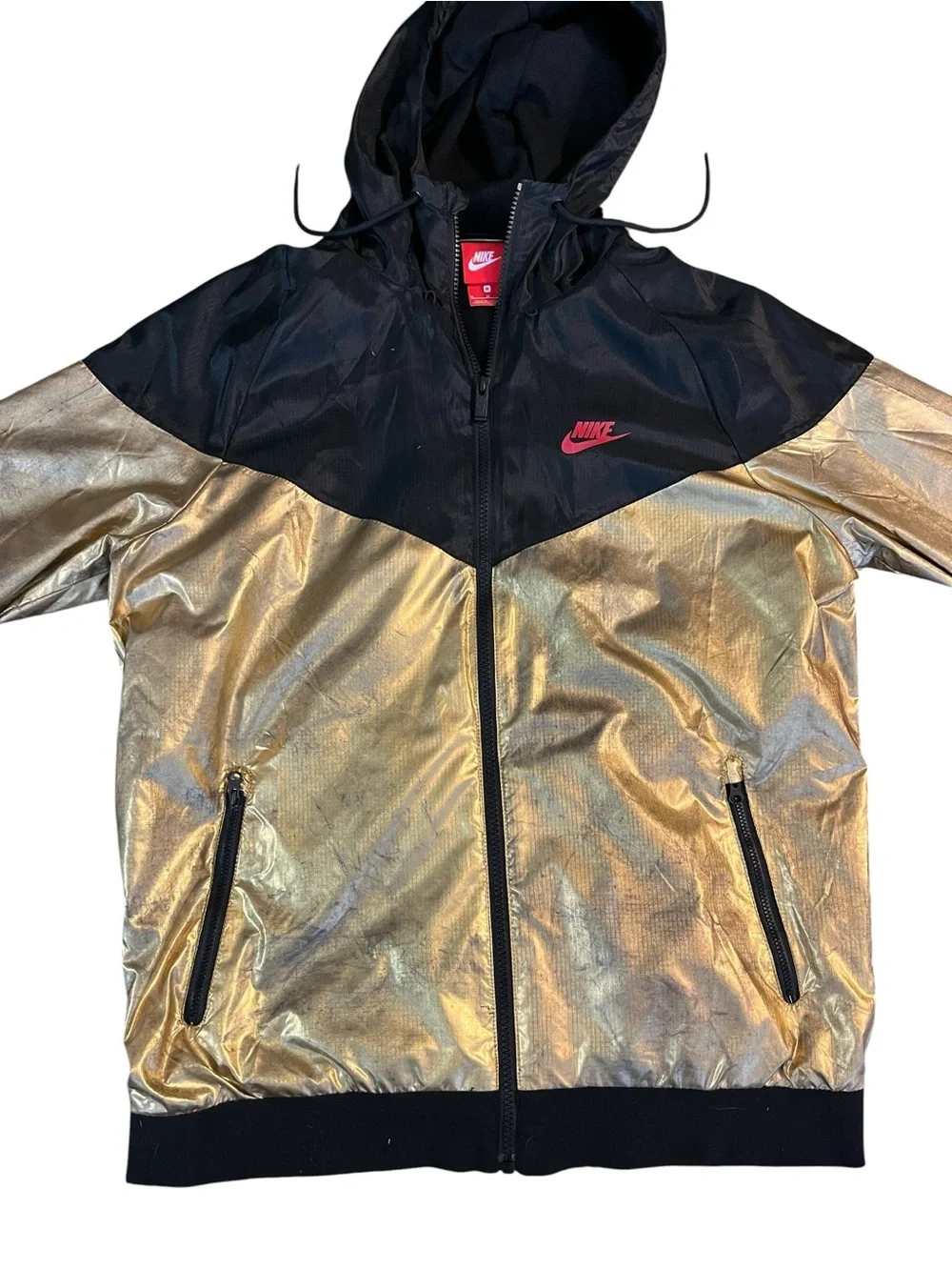 NIKE  Sportswear Windrunner Metallic Gold and Black Hooded Jacket Size Medium